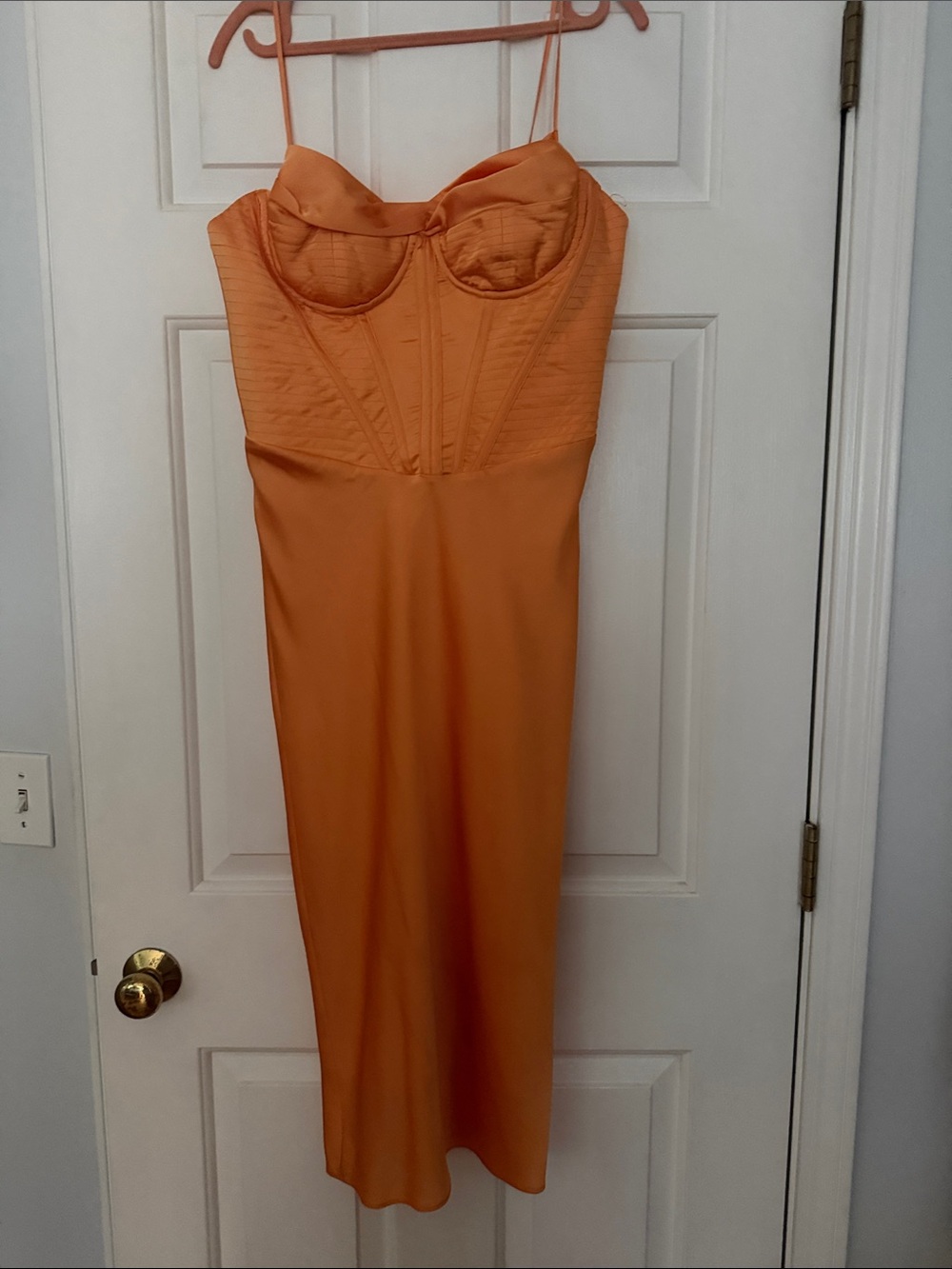 House of CB Orange Satin Bustier Midi Dress